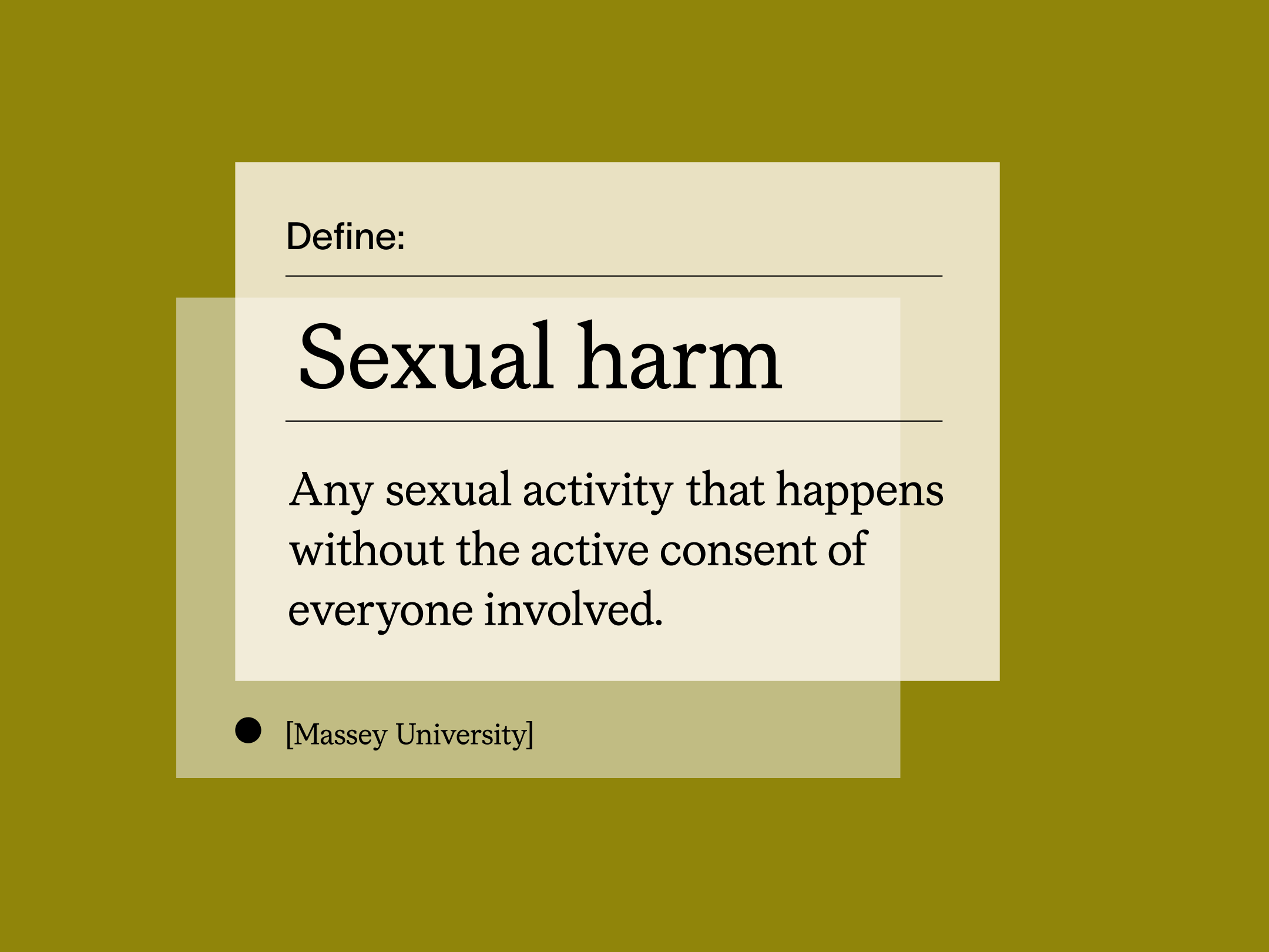 An typographic illustration that says "Sexual harm: any sexual activity that happens without the active consent of everyone involved."